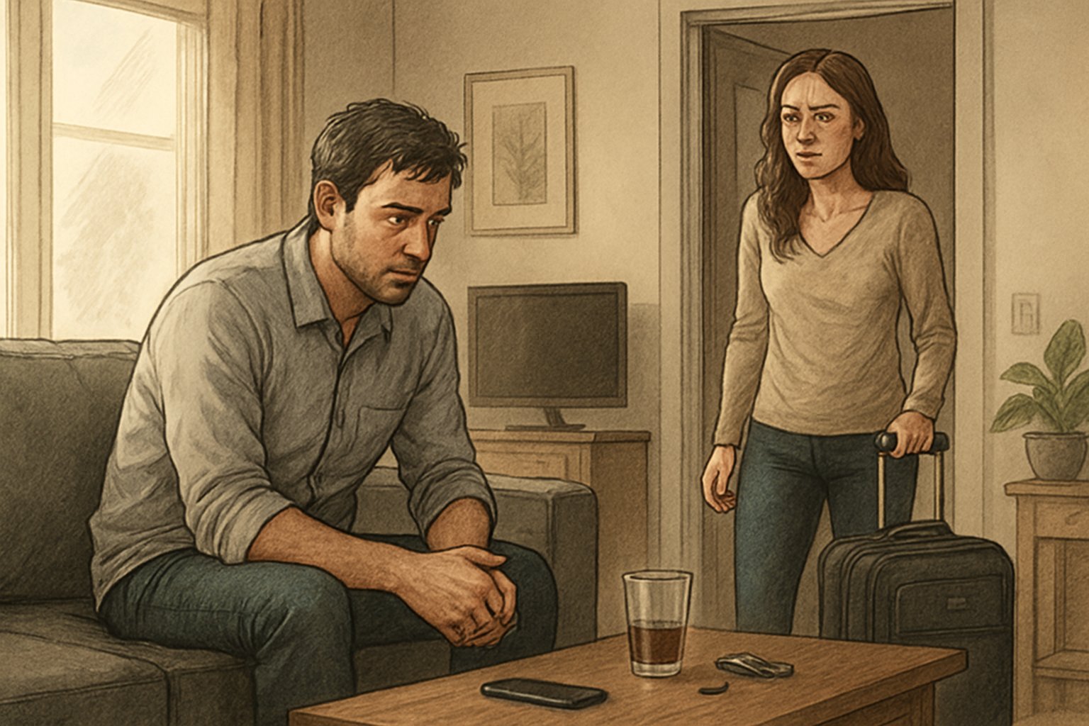 A man sits on a couch looking distant and hesitant while a woman stands near the doorway holding a suitcase, both appearing upset in a living room.